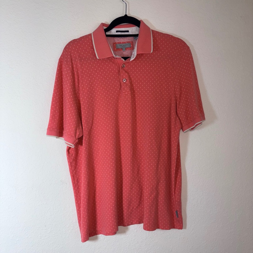 Ted Baker Polo Shirt Size 6 XXL Coral Pink Excellent Geometric Micro Print Mens